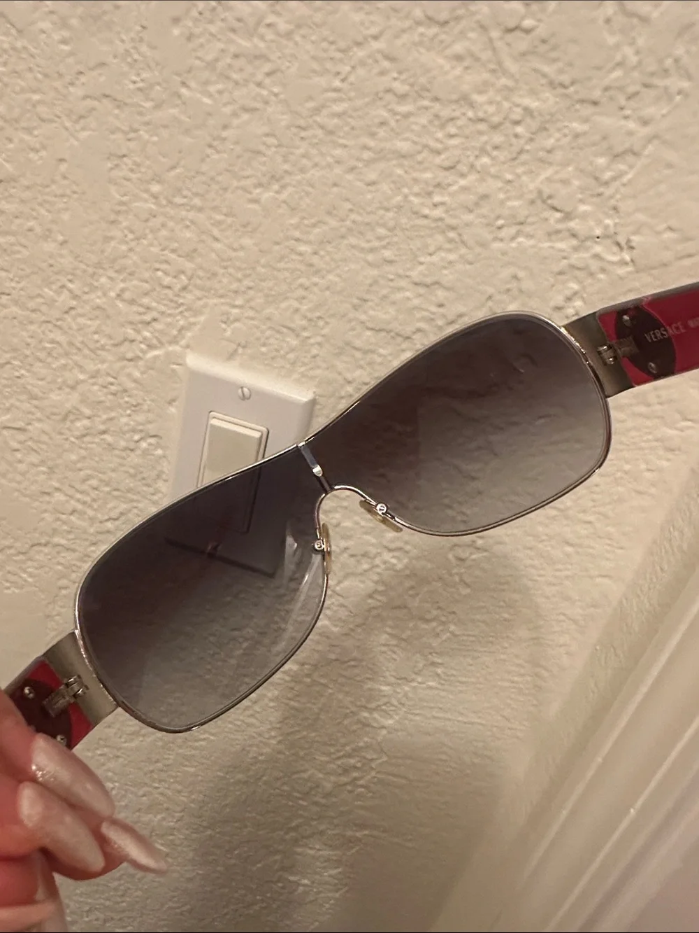 Versace Women's Oversized Brown Gradient Shield Sunglasses with Red Temples